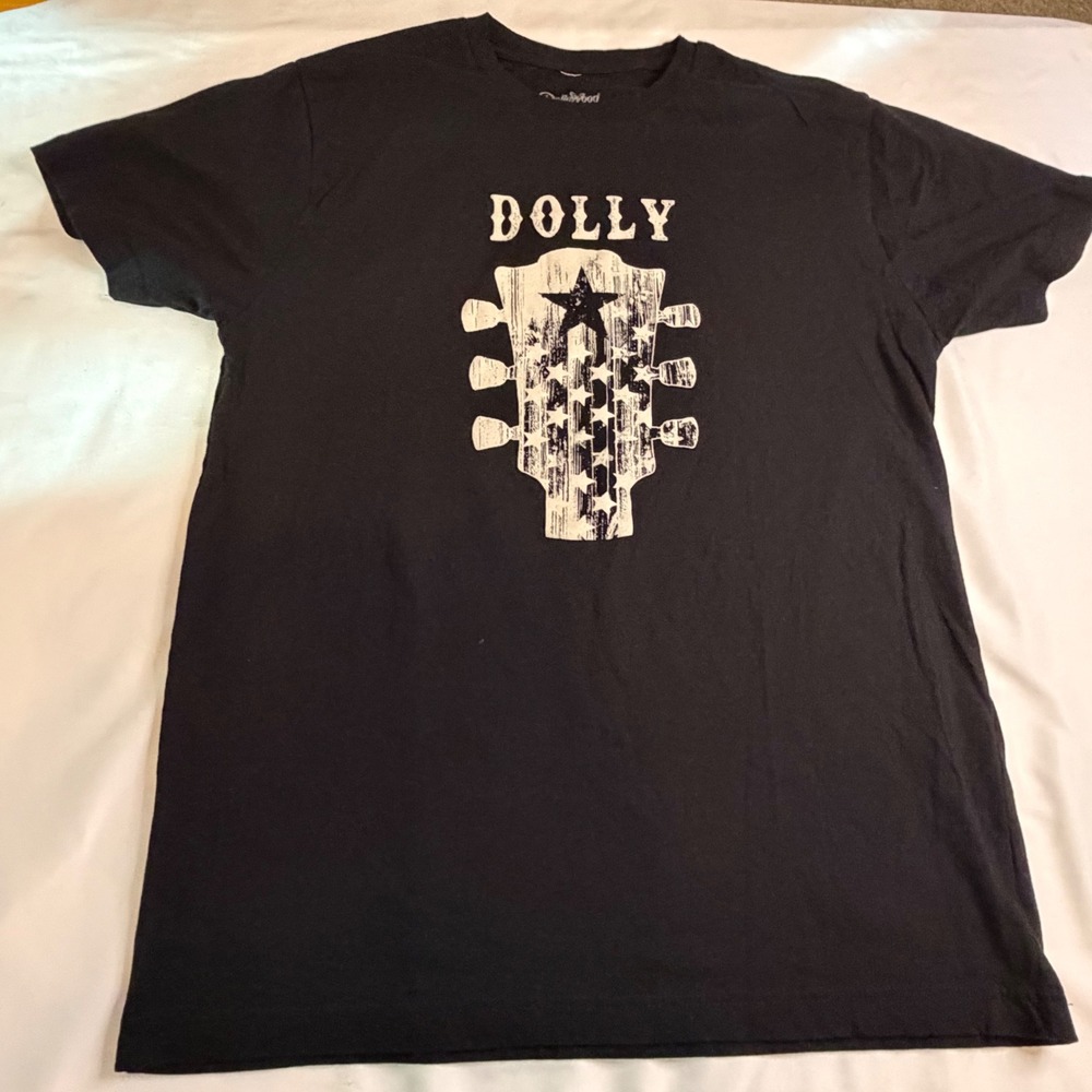 Dollywood Dolly Parton Guitar Headstock Stars Graphic T-Shirt Black Medium